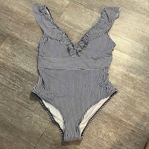 Navy blue and white one-piece bathing suit